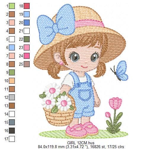 Girl Farmer embroidery designs - Farmer with straw hat and daisies machine embroidery pattern - Girl with flower basket - Instant download