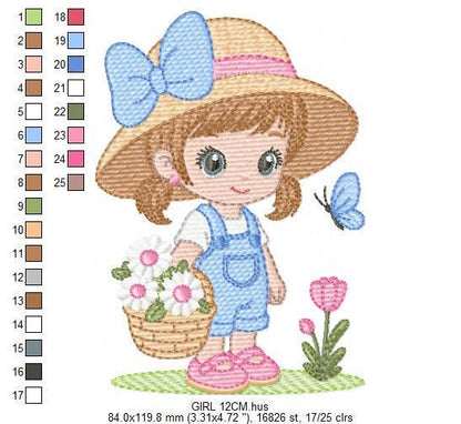 Girl Farmer embroidery designs - Farmer with straw hat and daisies machine embroidery pattern - Girl with flower basket - Instant download