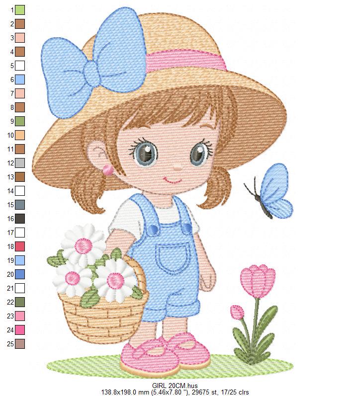 Girl Farmer embroidery designs - Farmer with straw hat and daisies machine embroidery pattern - Girl with flower basket - Instant download
