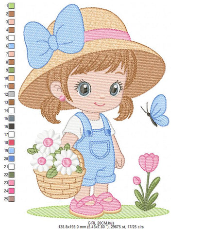 Girl Farmer embroidery designs - Farmer with straw hat and daisies machine embroidery pattern - Girl with flower basket - Instant download
