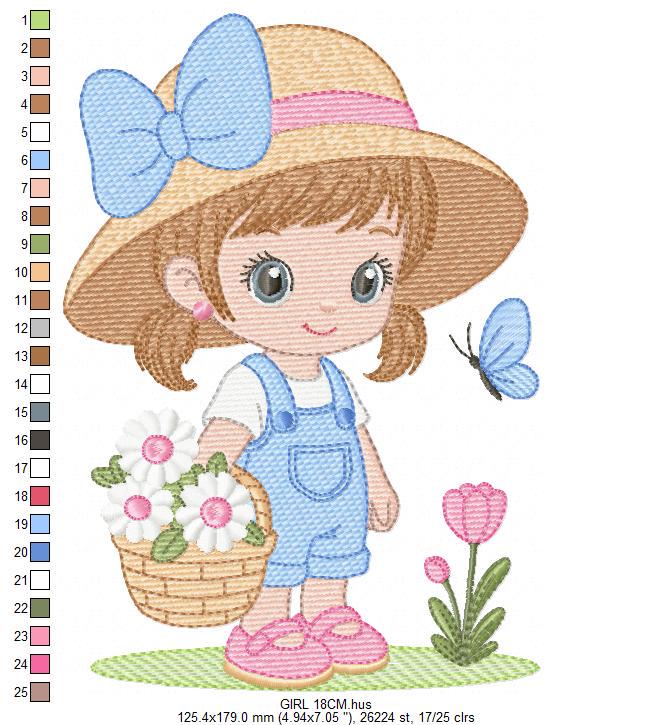 Girl Farmer embroidery designs - Farmer with straw hat and daisies machine embroidery pattern - Girl with flower basket - Instant download