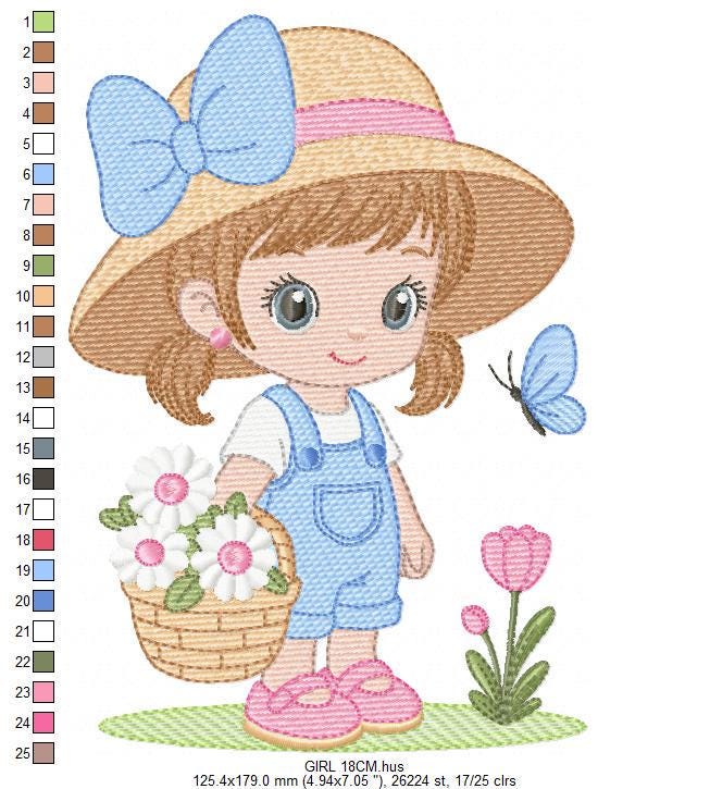 Girl Farmer embroidery designs - Farmer with straw hat and daisies machine embroidery pattern - Girl with flower basket - Instant download