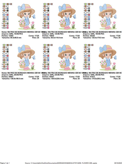 Girl Farmer embroidery designs - Farmer with straw hat and daisies machine embroidery pattern - Girl with flower basket - Instant download