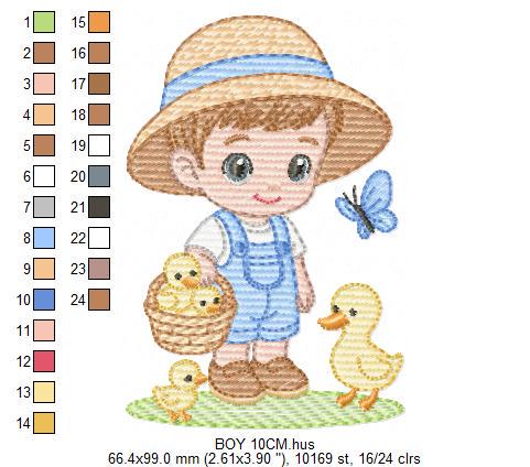 Baby Boy Farmer embroidery design - Boy with straw hat machine embroidery pattern - Boy with ducks - Instant digital download pes jef dst