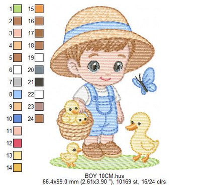 Baby Boy Farmer embroidery design - Boy with straw hat machine embroidery pattern - Boy with ducks - Instant digital download pes jef dst