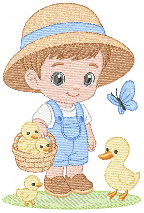 Baby Boy Farmer embroidery design - Boy with straw hat machine embroidery pattern - Boy with ducks - Instant digital download pes jef dst