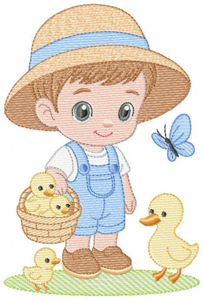 Baby Boy Farmer embroidery design - Boy with straw hat machine embroidery pattern - Boy with ducks - Instant digital download pes jef dst