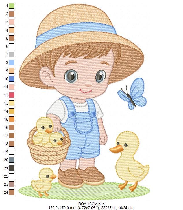Baby Boy Farmer embroidery design - Boy with straw hat machine embroidery pattern - Boy with ducks - Instant digital download pes jef dst