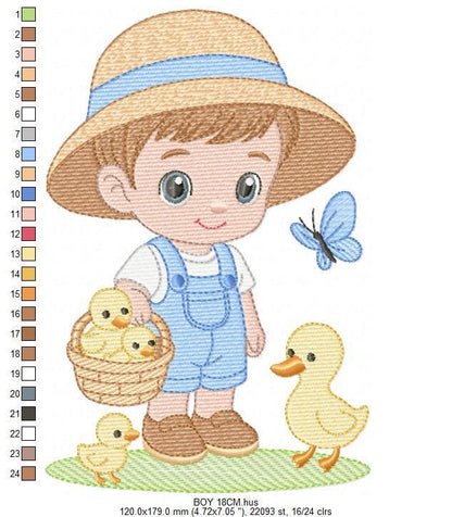 Baby Boy Farmer embroidery design - Boy with straw hat machine embroidery pattern - Boy with ducks - Instant digital download pes jef dst