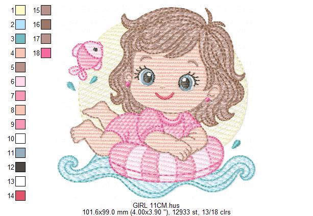 Baby girl embroidery designs - Girl with Children Buoy machine embroidery pattern - Swimming Ocean Sea Lifebuoy file - Instant download pes