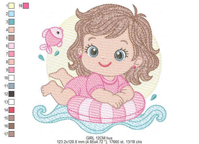 Baby girl embroidery designs - Girl with Children Buoy machine embroidery pattern - Swimming Ocean Sea Lifebuoy file - Instant download pes