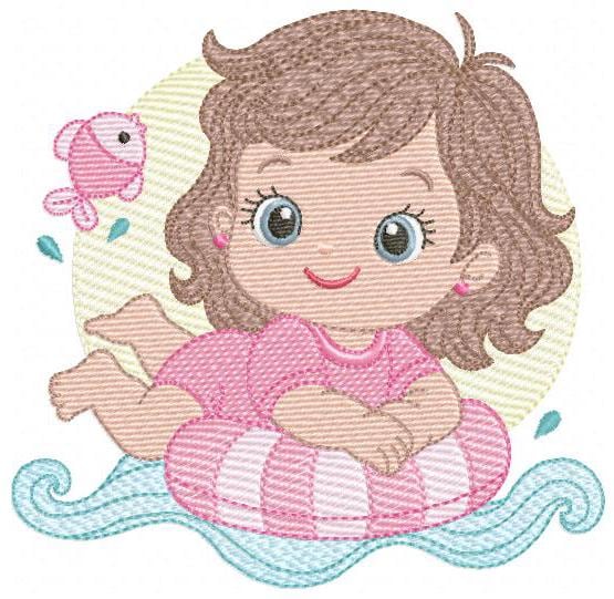 Baby girl embroidery designs - Girl with Children Buoy machine embroidery pattern - Swimming Ocean Sea Lifebuoy file - Instant download pes