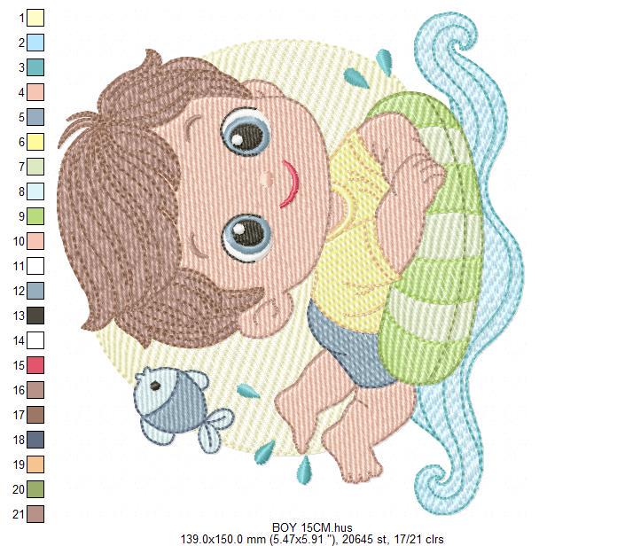 Baby boy embroidery designs - Boy with Children Buoy machine embroidery pattern - Swimming Ocean Sea Lifebuoy file - Instant download pes