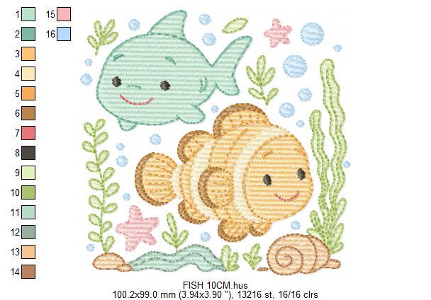 Clown Fish embroidery designs - Ocean animals machine pattern - Orange Fish with shells bubbles stars and algae - Instant download pes jef