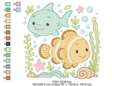 Clown Fish embroidery designs - Ocean animals machine pattern - Orange Fish with shells bubbles stars and algae - Instant download pes jef
