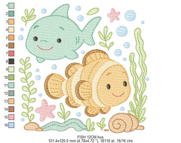 Clown Fish embroidery designs - Ocean animals machine pattern - Orange Fish with shells bubbles stars and algae - Instant download pes jef