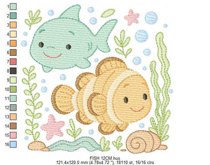 Clown Fish embroidery designs - Ocean animals machine pattern - Orange Fish with shells bubbles stars and algae - Instant download pes jef