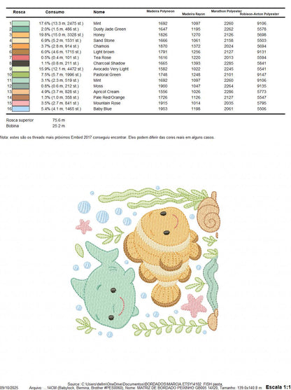 Clown Fish embroidery designs - Ocean animals machine pattern - Orange Fish with shells bubbles stars and algae - Instant download pes jef