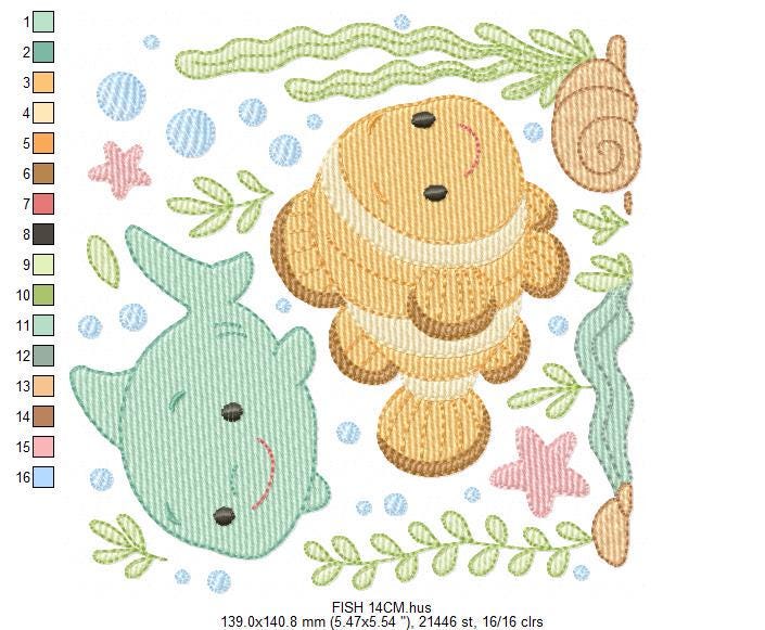 Clown Fish embroidery designs - Ocean animals machine pattern - Orange Fish with shells bubbles stars and algae - Instant download pes jef