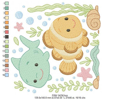 Clown Fish embroidery designs - Ocean animals machine pattern - Orange Fish with shells bubbles stars and algae - Instant download pes jef