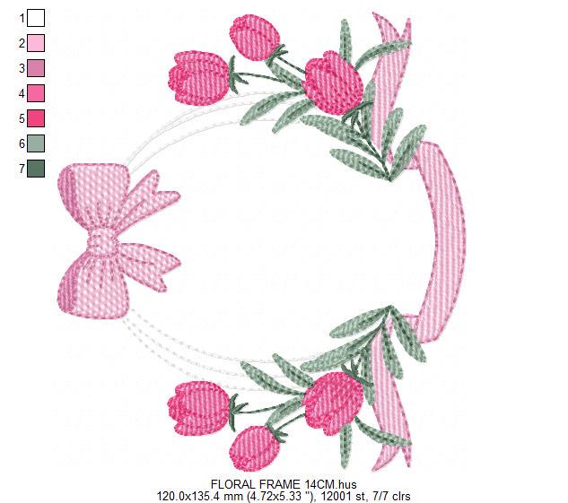 Monogram Tulip Frame embroidery designs - Flower wreath machine embroidery pattern - Floral Kitchen Towel file - Instant digital download