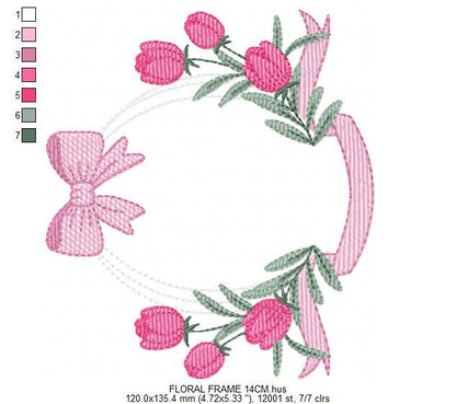 Monogram Tulip Frame embroidery designs - Flower wreath machine embroidery pattern - Floral Kitchen Towel file - Instant digital download