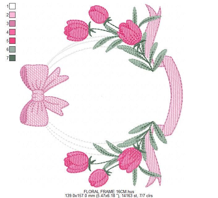 Monogram Tulip Frame embroidery designs - Flower wreath machine embroidery pattern - Floral Kitchen Towel file - Instant digital download