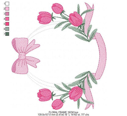 Monogram Tulip Frame embroidery designs - Flower wreath machine embroidery pattern - Floral Kitchen Towel file - Instant digital download