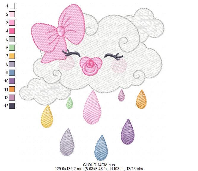Rain cloud embroidery design - Baby girl raining cloud with pacifier machine embroidery pattern - Instant digital download pes jef dst hus