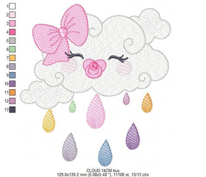 Rain cloud embroidery design - Baby girl raining cloud with pacifier machine embroidery pattern - Instant digital download pes jef dst hus