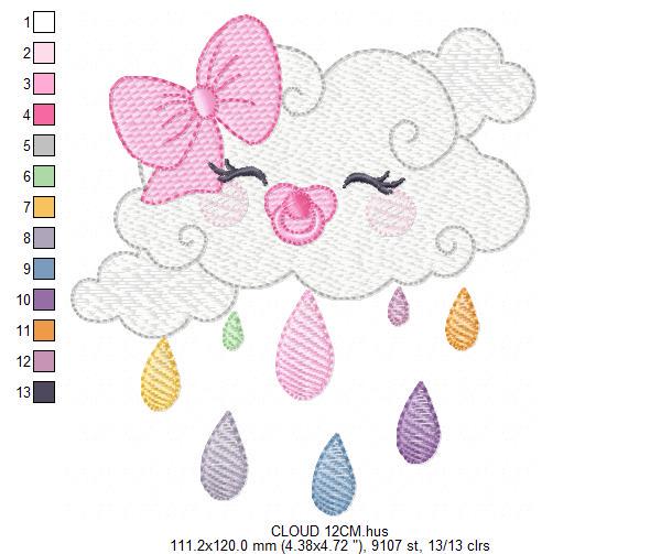 Rain cloud embroidery design - Baby girl raining cloud with pacifier machine embroidery pattern - Instant digital download pes jef dst hus
