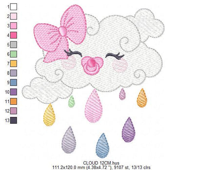 Rain cloud embroidery design - Baby girl raining cloud with pacifier machine embroidery pattern - Instant digital download pes jef dst hus