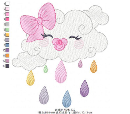 Rain cloud embroidery design - Baby girl raining cloud with pacifier machine embroidery pattern - Instant digital download pes jef dst hus