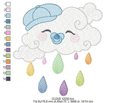 Rain cloud embroidery design - Baby boy raining cloud with pacifier machine embroidery pattern - Instant digital download pes jef dst hus