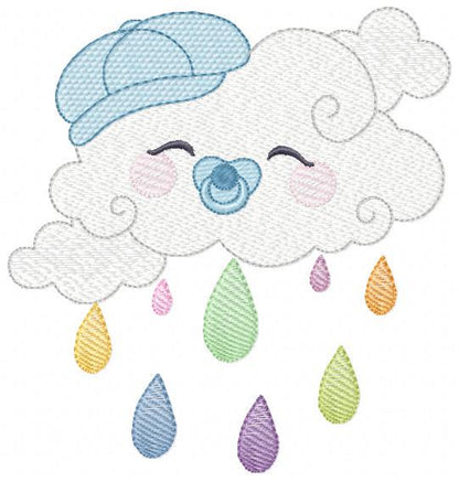 Rain cloud embroidery design - Baby boy raining cloud with pacifier machine embroidery pattern - Instant digital download pes jef dst hus