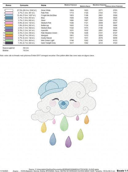 Rain cloud embroidery design - Baby boy raining cloud with pacifier machine embroidery pattern - Instant digital download pes jef dst hus