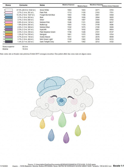 Rain cloud embroidery design - Baby boy raining cloud with pacifier machine embroidery pattern - Instant digital download pes jef dst hus