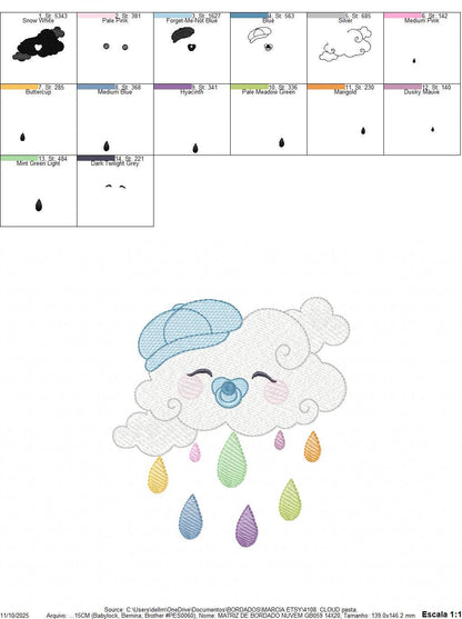 Rain cloud embroidery design - Baby boy raining cloud with pacifier machine embroidery pattern - Instant digital download pes jef dst hus