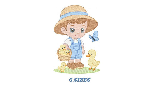 Baby Boy Farmer embroidery design - Boy with straw hat machine embroidery pattern - Boy with ducks - Instant digital download pes jef dst