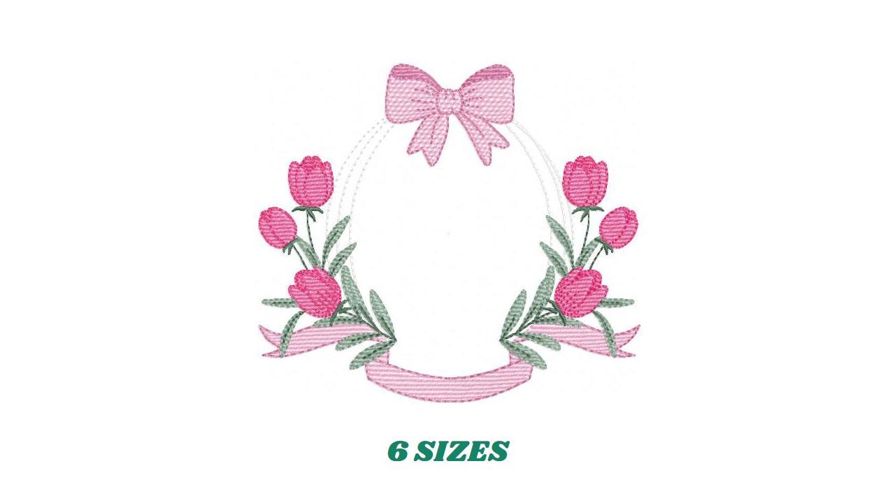 Monogram Tulip Frame embroidery designs - Flower wreath machine embroidery pattern - Floral Kitchen Towel file - Instant digital download