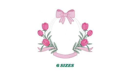 Monogram Tulip Frame embroidery designs - Flower wreath machine embroidery pattern - Floral Kitchen Towel file - Instant digital download