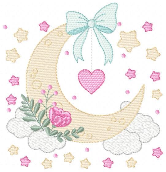 Moon with stars hearts and flowers embroidery design - Baby Girl Half moon machine embroidery pattern - Instant digital download pes jef dst