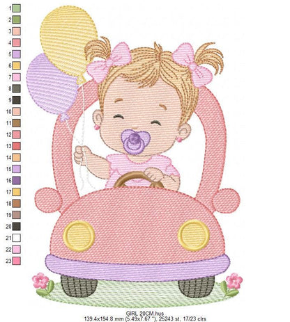 Baby girl embroidery designs - Child playing with toy car machine embroidery pattern - Princess with pacifier and balloon - Instant download