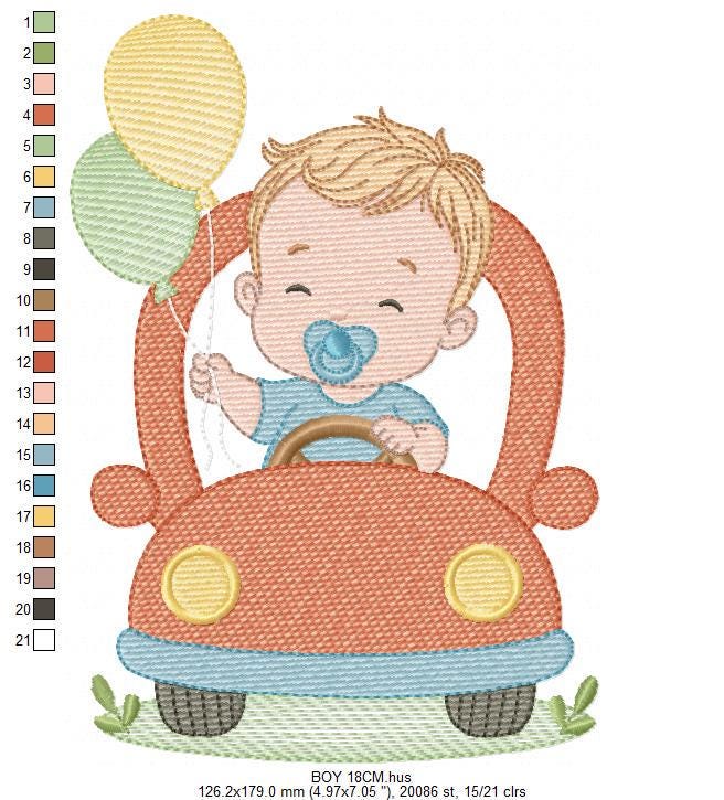 Baby Boy with toy car embroidery designs - Toddler playing with balloons machine embroidery pattern - Boy with pacifier - Instant download