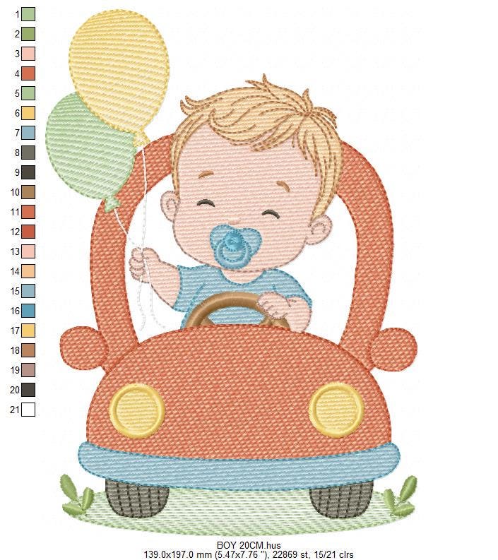 Baby Boy with toy car embroidery designs - Toddler playing with balloons machine embroidery pattern - Boy with pacifier - Instant download