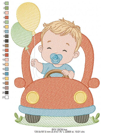 Baby Boy with toy car embroidery designs - Toddler playing with balloons machine embroidery pattern - Boy with pacifier - Instant download