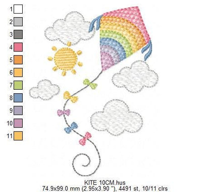 Colorful Kite embroidery designs - Baby Boy Toy machine embroidery pattern - Sunning sky flying clouds - Instant digital download pes jef