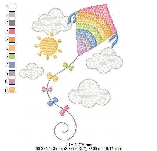 Colorful Kite embroidery designs - Baby Boy Toy machine embroidery pattern - Sunning sky flying clouds - Instant digital download pes jef