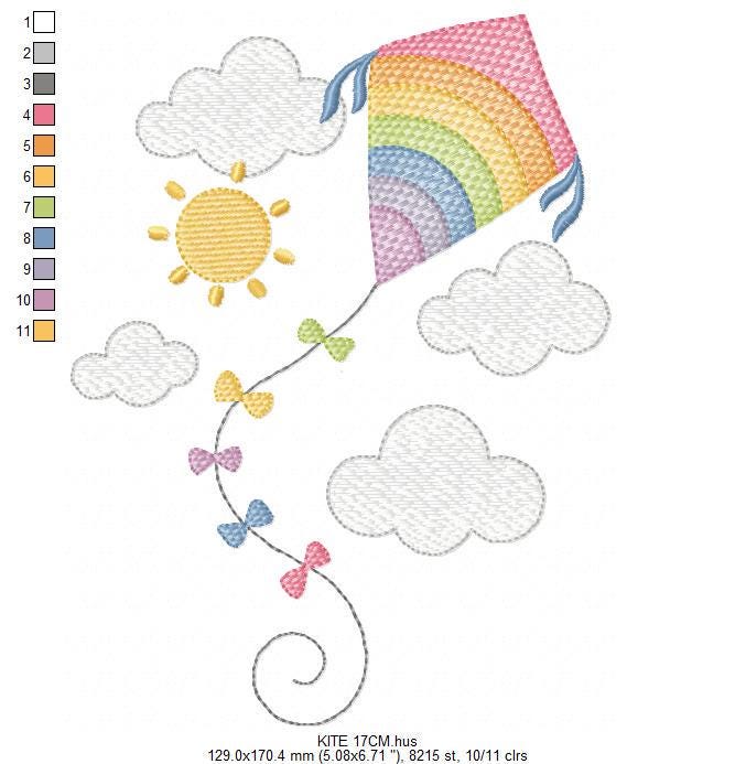 Colorful Kite embroidery designs - Baby Boy Toy machine embroidery pattern - Sunning sky flying clouds - Instant digital download pes jef