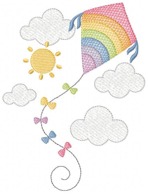 Colorful Kite embroidery designs - Baby Boy Toy machine embroidery pattern - Sunning sky flying clouds - Instant digital download pes jef